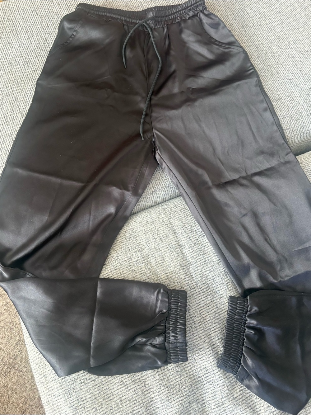 Men's Black Faux Leather Jogger Pants - Casual Drawstring Waist